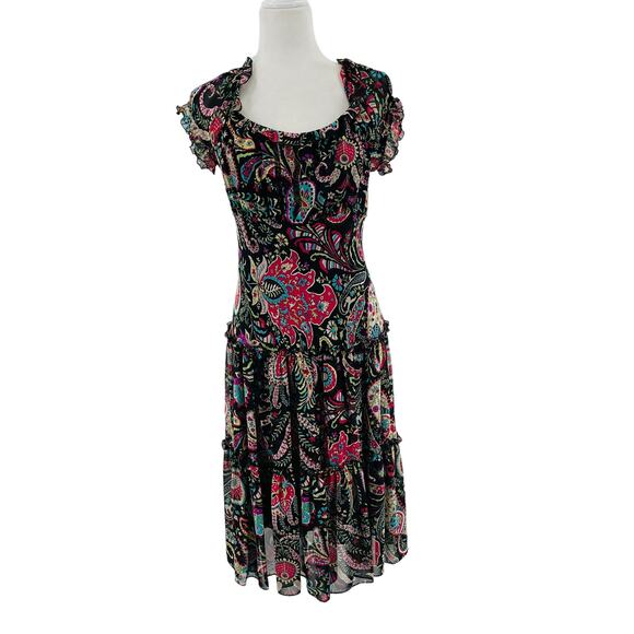 Jessica Howard Black Paisley Sheer Tiered Flutter Sleeve Dress Women Sz 6P - Picture 1 of 9